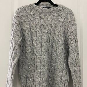 M&S Collection Grey Marled Cable Knit Sweater with Embellishments - Size Medium